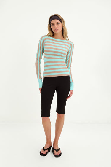 nude-and-turquoise striped long sleeve knit sweater with turquoise cuffs