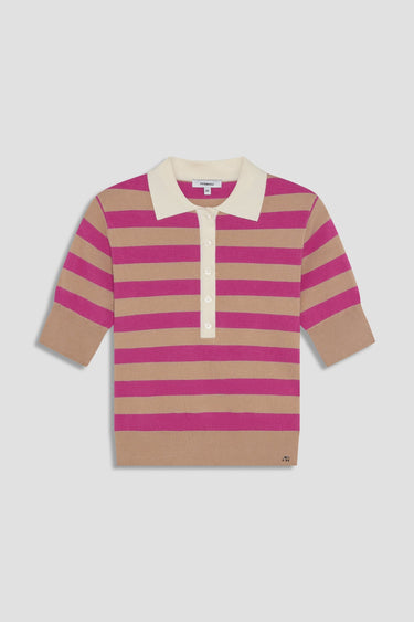 nude-and-pink striped short-sleeve polo with white collar