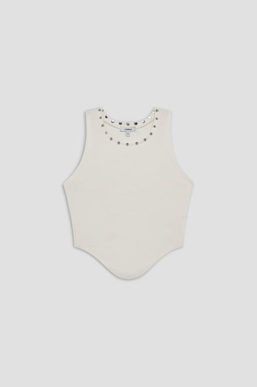 white cotton tank top with scoop hem and dome studs on neckline