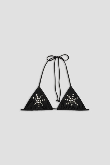 Black bikini top with black stud details on a light gray background