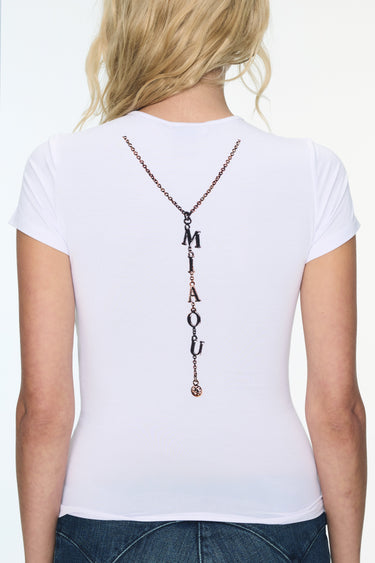 white shortsleeve tshirt with layered necklace print