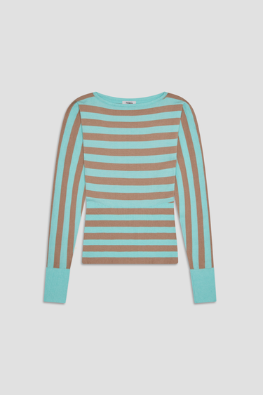 nude-and-turquoise striped long sleeve knit sweater with turquoise cuffs