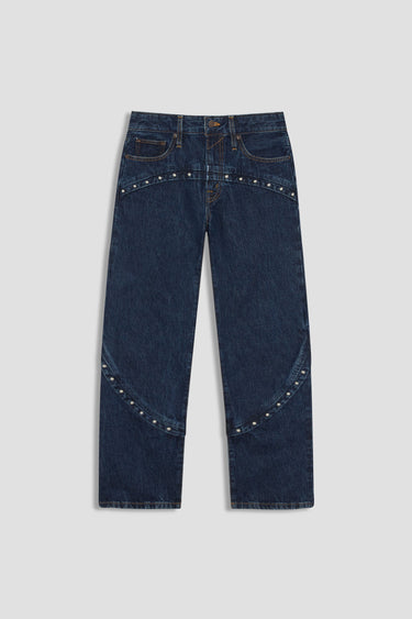 dark wash jean with stud details at hip and midcalf