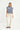 Woman wearing a blue and grey striped top and offwhite jeans on a white background
