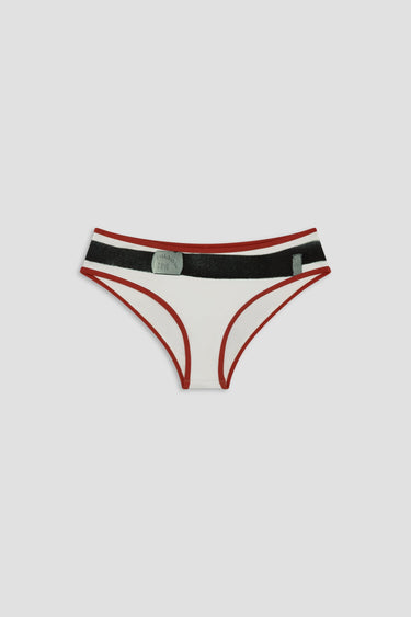 white bikini with red trim and a printed belt with buckle detail
