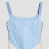 blue corset with orange lace-up details at sides