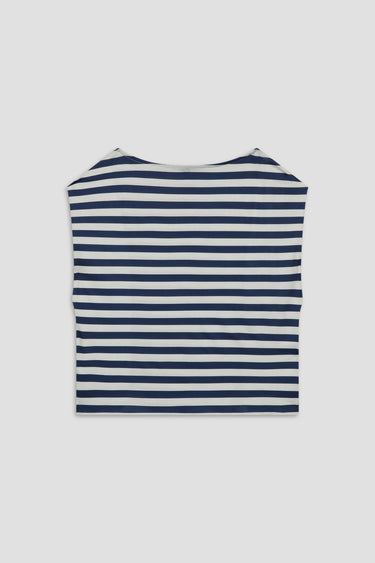Navy and grey striped tank top on a light gray background