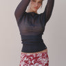 sheet navy sweater with ribbed waist and mini skirt with red-and-white hawaiian print