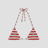 red black and white striped triangle swim top with star-shaped grommets 