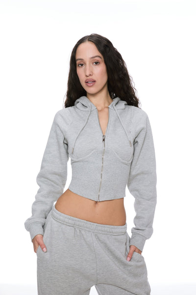 mschf SIDE BUTTON UP CROP HOODIE GREY Cropped Zip Hoodie - Light