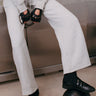 grey wide-leg sweatpant with grommet detail at waistband