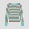 nude-and-turquoise striped long sleeve knit sweater with turquoise cuffs