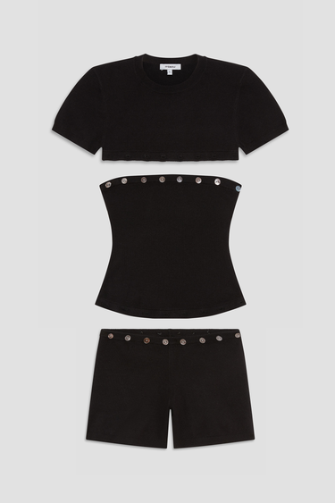 black shortsleeve knit romper with mother of pearl buttons at bust and waist