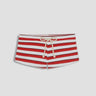red black and white striped boyshort swim bottom with cream-colored rope drawstring